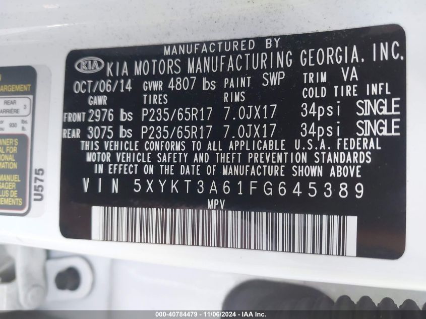 2015 Kia Sorento Lx VIN: 5XYKT3A61FG645389 Lot: 40784479