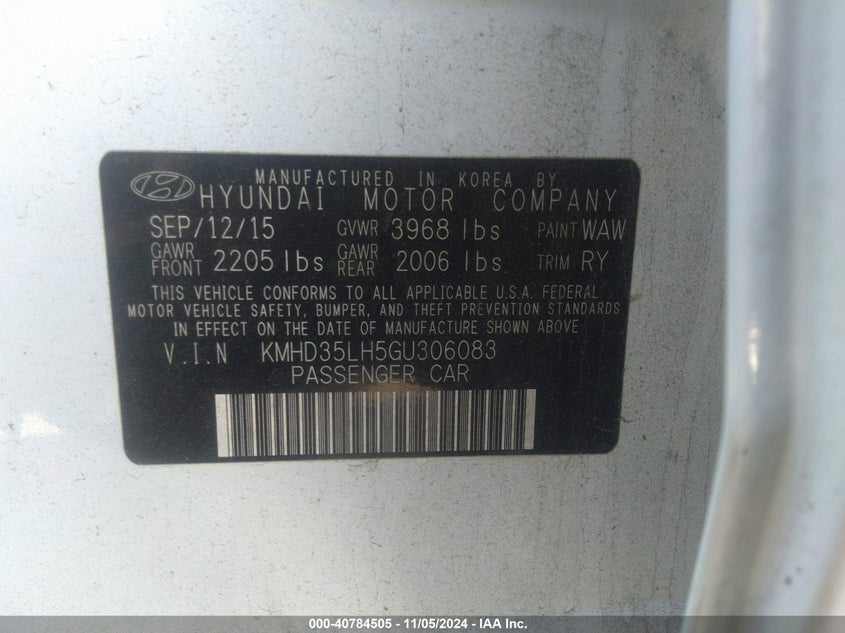 2016 HYUNDAI ELANTRA GT VIN: KMHD35LH5GU306083