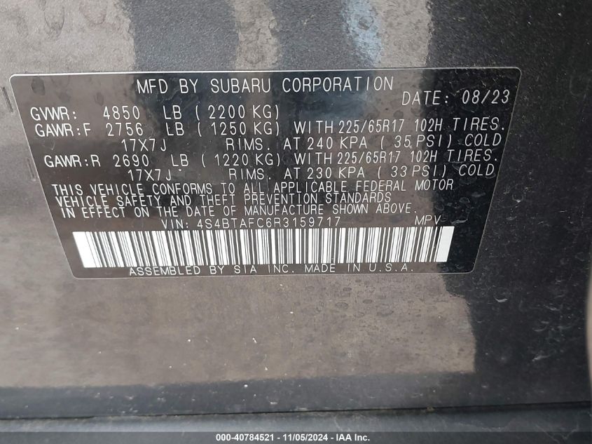 VIN 4S4BTAFC6R3159717 2024 SUBARU OUTBACK PREMIUM