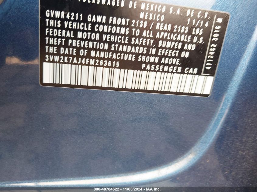 2015 VOLKSWAGEN JETTA 2.0L S - 3VW2K7AJ4FM263615