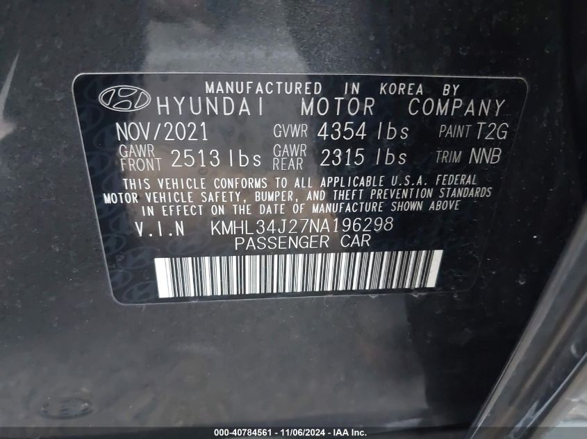 2022 Hyundai Sonata Limited VIN: KMHL34J27NA196298 Lot: 40784561