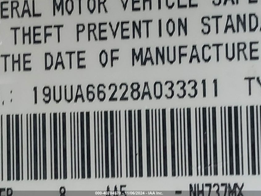 2008 Acura Tl 3.2 VIN: 19UUA66228A033311 Lot: 40784570