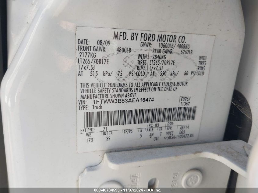 2010 Ford F-350 Cabela's/Harley-Davidson/King Ranch/Lariat/Xl/Xlt VIN: 1FTWW3B58AEA16474 Lot: 40784593