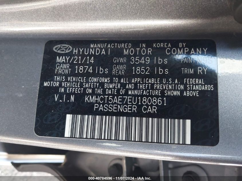 2014 Hyundai Accent Gs VIN: KMHCT5AE7EU180861 Lot: 40784596