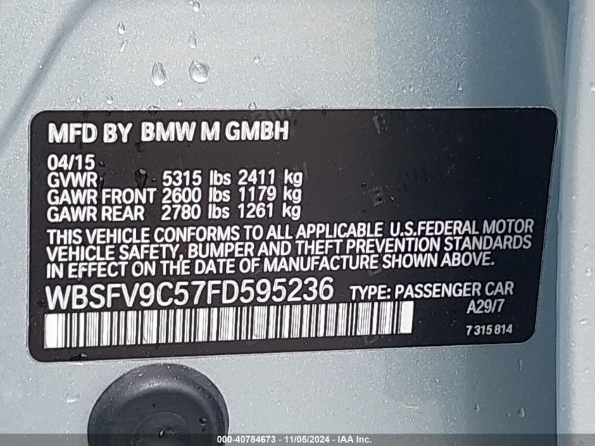 2015 BMW M5 VIN: WBSFV9C57FD595236 Lot: 40784673