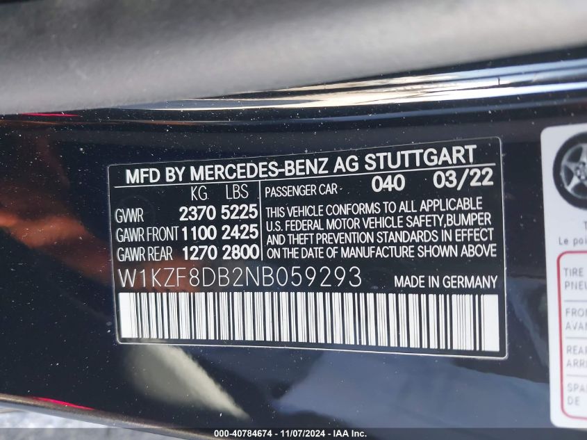 2022 Mercedes-Benz E 350 VIN: W1KZF8DB2NB059293 Lot: 40784674