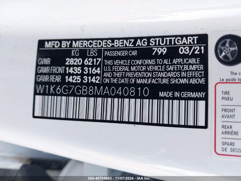 2021 Mercedes-Benz S 580 4Matic VIN: W1K6G7GB8MA040810 Lot: 40784683