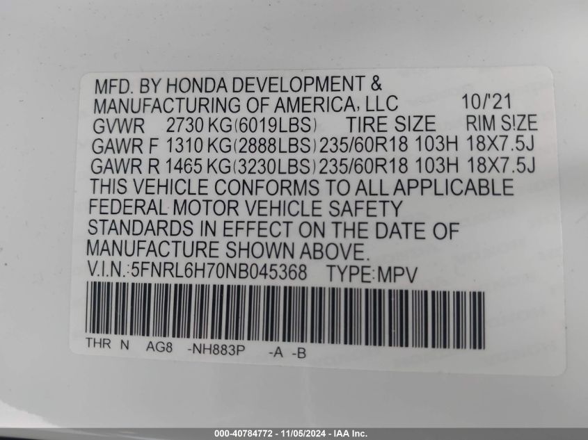 2022 Honda Odyssey Ex-L VIN: 5FNRL6H70NB045368 Lot: 40784772