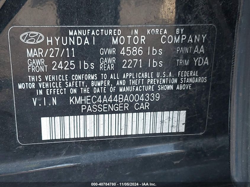 2011 Hyundai Sonata Hybrid VIN: KMHEC4A44BA004339 Lot: 40784780