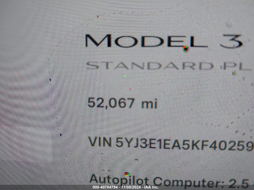 2019 Tesla Model 3 Long Range/Mid Range/Standard Range/Standard Range Plus VIN: 5YJ3E1EA5KF402591 Lot: 40784794