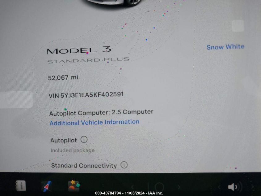 2019 Tesla Model 3 Long Range/Mid Range/Standard Range/Standard Range Plus VIN: 5YJ3E1EA5KF402591 Lot: 40784794