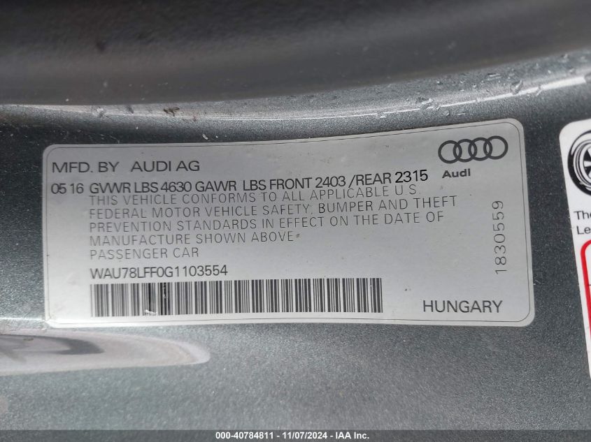 2016 Audi A3 2.0T Premium VIN: WAU78LFF0G1103554 Lot: 40784811