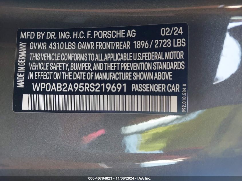 2024 Porsche 911 Carrera 4 Gts/Carrera 4S/Carrera Gts/Carrera S/Dakar VIN: WP0AB2A95RS219691 Lot: 40784823