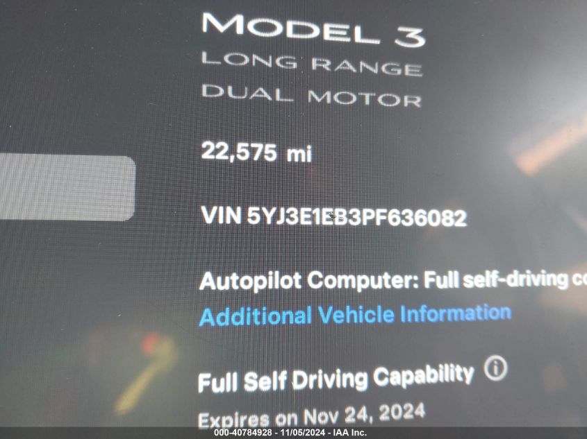 2023 Tesla Model 3 Long Range Dual Motor All-Wheel Drive VIN: 5YJ3E1EB3PF636082 Lot: 40784928