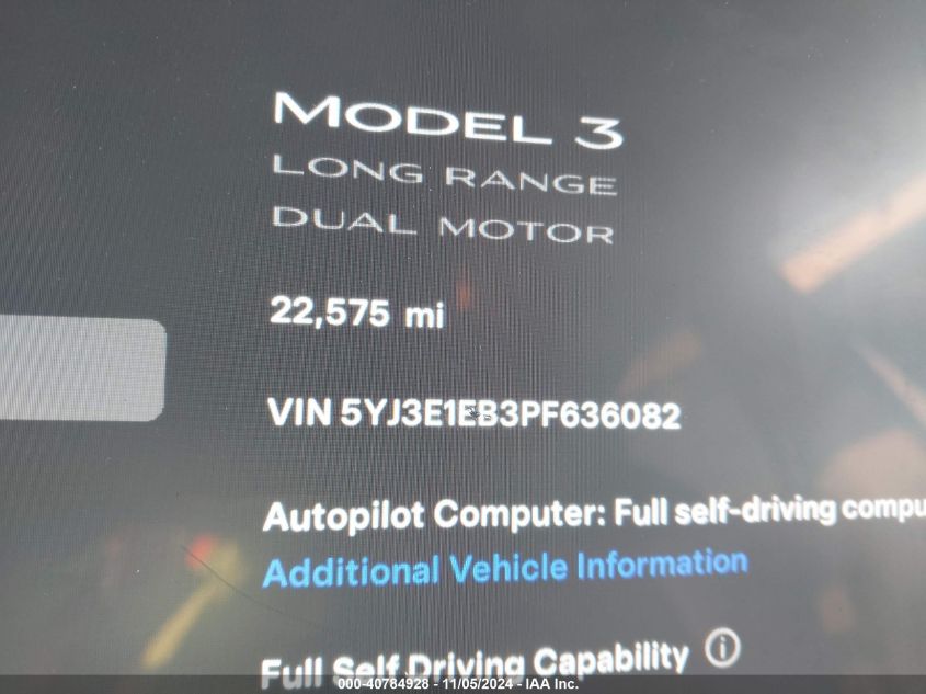 2023 Tesla Model 3 Long Range Dual Motor All-Wheel Drive VIN: 5YJ3E1EB3PF636082 Lot: 40784928