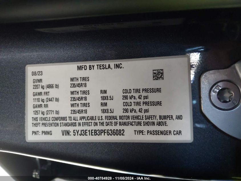 2023 Tesla Model 3 Long Range Dual Motor All-Wheel Drive VIN: 5YJ3E1EB3PF636082 Lot: 40784928