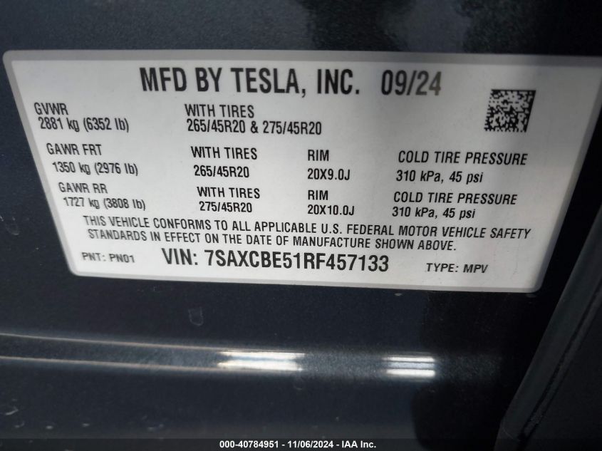 2024 Tesla Model X Long Range VIN: 7SAXCBE51RF457133 Lot: 40784951