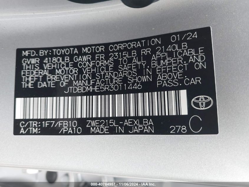 2024 Toyota Corolla Hybrid Le VIN: JTDBDMHE5R3011446 Lot: 40784957