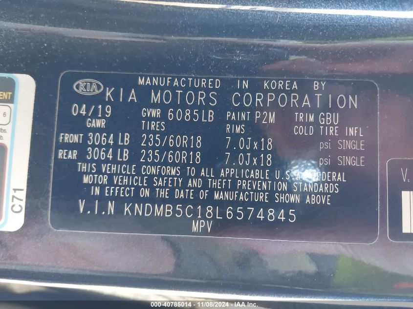 2020 Kia Sedona Ex VIN: KNDMB5C18L6574845 Lot: 40785014