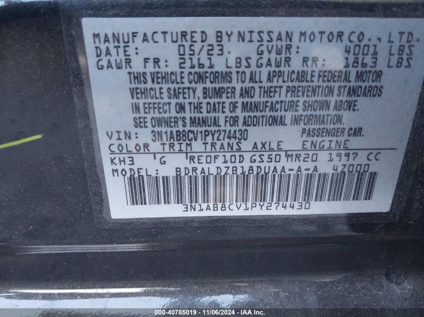 2023 Nissan Sentra Sv Xtronic Cvt VIN: 3N1AB8CV1PY274430 Lot: 40785019