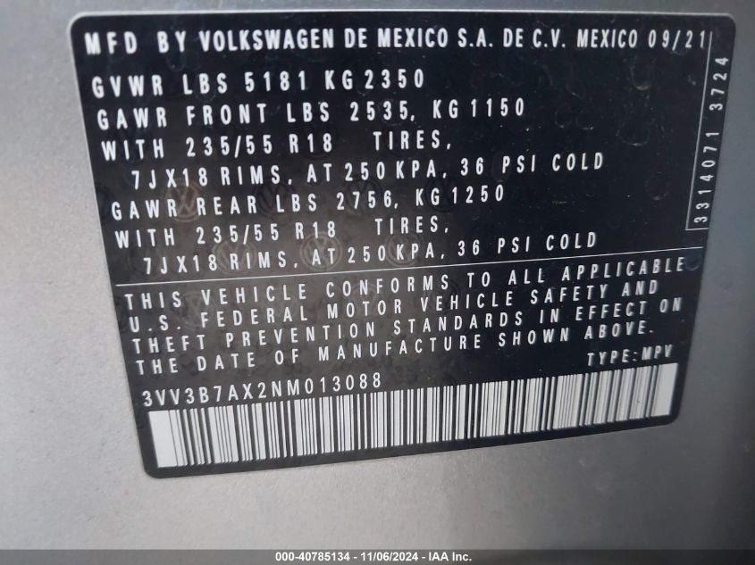 2022 Volkswagen Tiguan 2.0T Se VIN: 3VV3B7AX2NM013088 Lot: 40785134