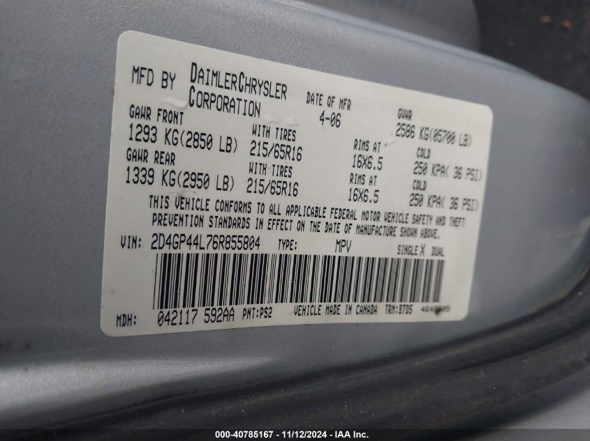 2006 Dodge Grand Caravan Sxt VIN: 2D4GP44L26R855810 Lot: 40785167