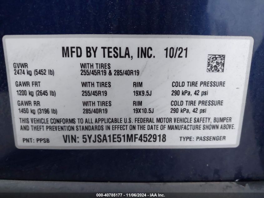 2021 Tesla Model S Long Range Dual Motor All-Wheel Drive VIN: 5YJSA1E51MF452918 Lot: 40785177