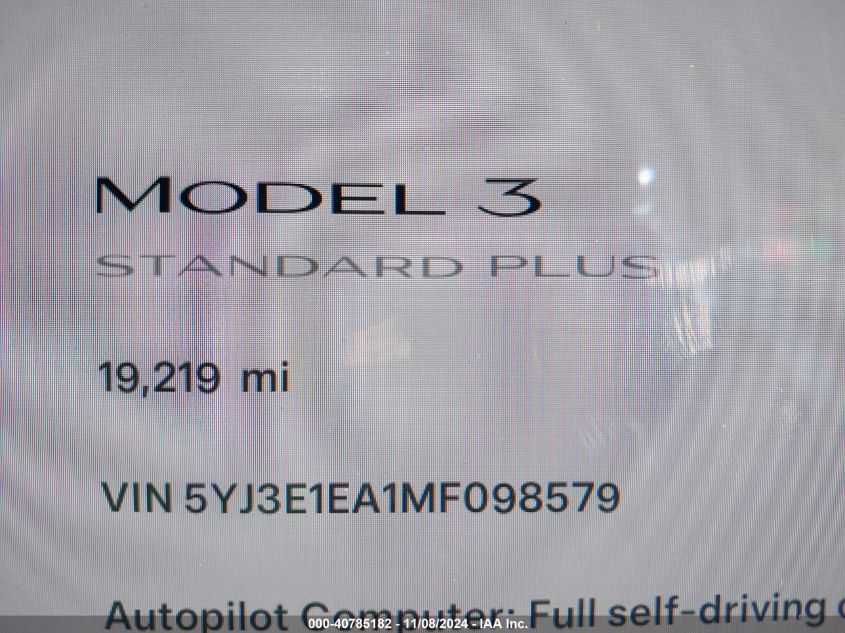 2021 Tesla Model 3 Standard Range Plus Rear-Wheel Drive VIN: 5YJ3E1EA1MF098579 Lot: 40785182