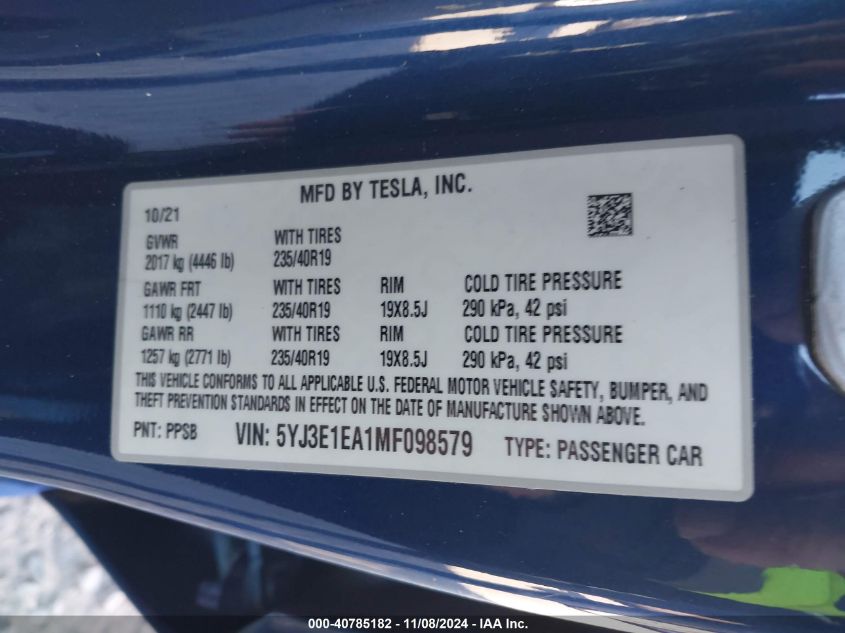 2021 Tesla Model 3 Standard Range Plus Rear-Wheel Drive VIN: 5YJ3E1EA1MF098579 Lot: 40785182