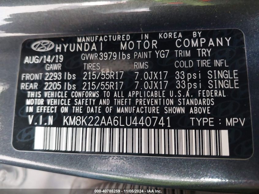 2020 Hyundai Kona Sel VIN: KM8K22AA6LU440741 Lot: 40785259