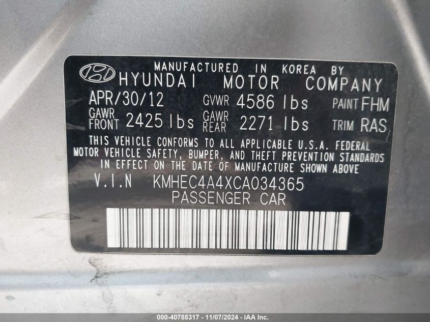 2012 Hyundai Sonata Hybrid VIN: KMHEC4A4XCA034365 Lot: 40785317