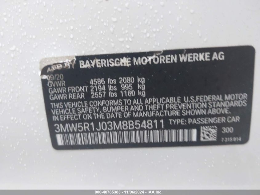 2021 BMW 330I VIN: 3MW5R1J03M8B54811 Lot: 40785383