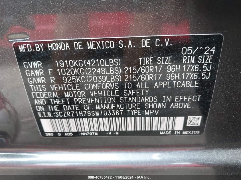 VIN 3CZRZ1H79SM703367 2025 Honda HR-V, 2Wd Ex-L no.9