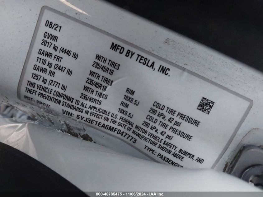 VIN 5YJ3E1EA6MF047773 2021 Tesla Model 3, Standard... no.8