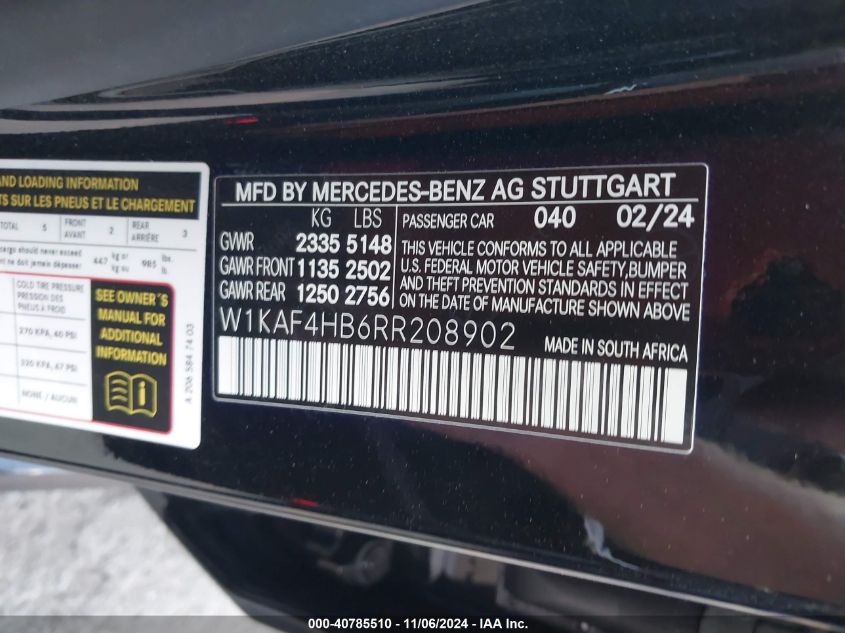 2024 Mercedes-Benz C 300 VIN: W1KAF4HB6RR208902 Lot: 40785510