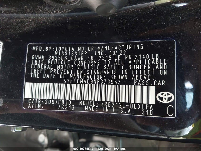 VIN 5YFEPMAE9NP373957 2022 TOYOTA COROLLA LE