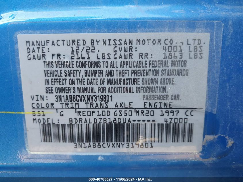 2022 Nissan Sentra Sv Xtronic Cvt VIN: 3N1AB8CVXNY319801 Lot: 40785527