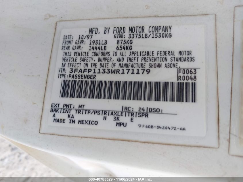 1998 FORD ESCORT ZX2 COOL/ZX2 HOT 3FAFP1133WR****** from the USA