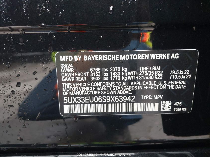 2025 BMW X5 M60I VIN: 5UX33EU06S9X63942 Lot: 40785610