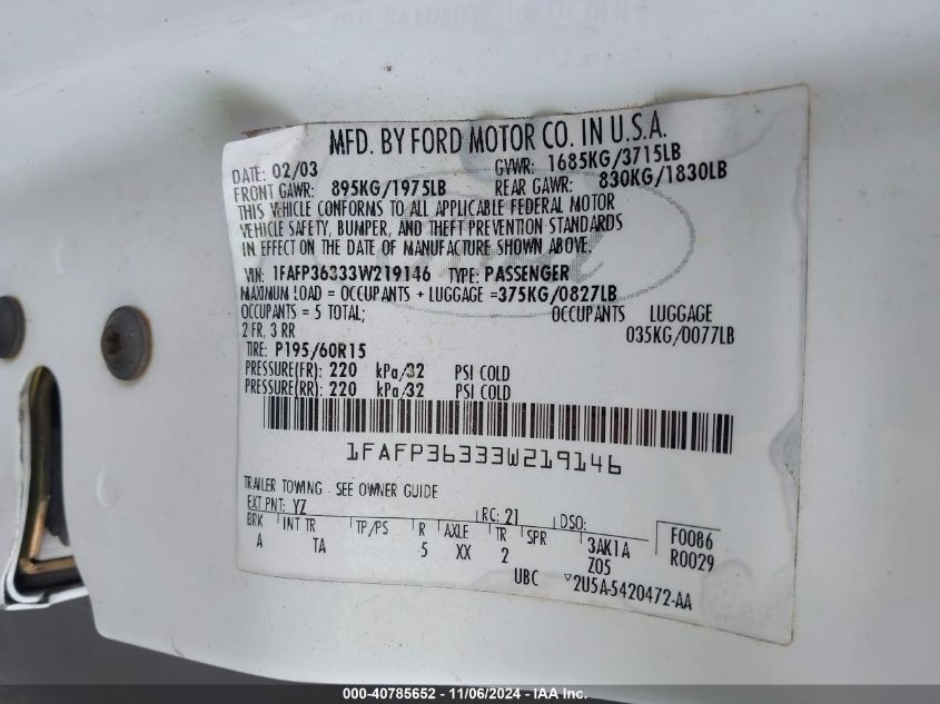 2003 Ford Focus Se/Ztw VIN: 1FAFP36333W219146 Lot: 40785652