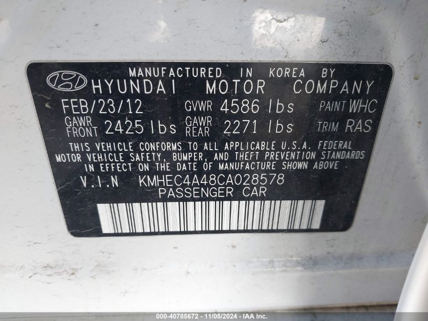 2012 Hyundai Sonata Hybrid VIN: KMHEC4A48CA028578 Lot: 40785672