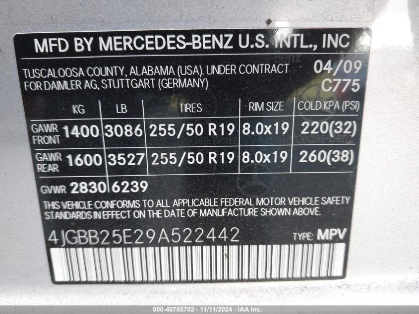 2009 Mercedes-Benz Ml 320 Bluetec 4Matic VIN: 4JGBB25E29A522442 Lot: 40785702