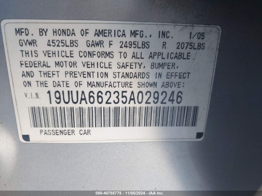 2005 Acura Tl Base W/Nav System (A5) VIN: 19UUA66235A029246 Lot: 40785778