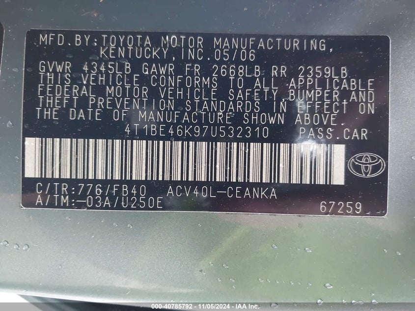 2007 TOYOTA CAMRY VIN: 4T1BE46K97U532310