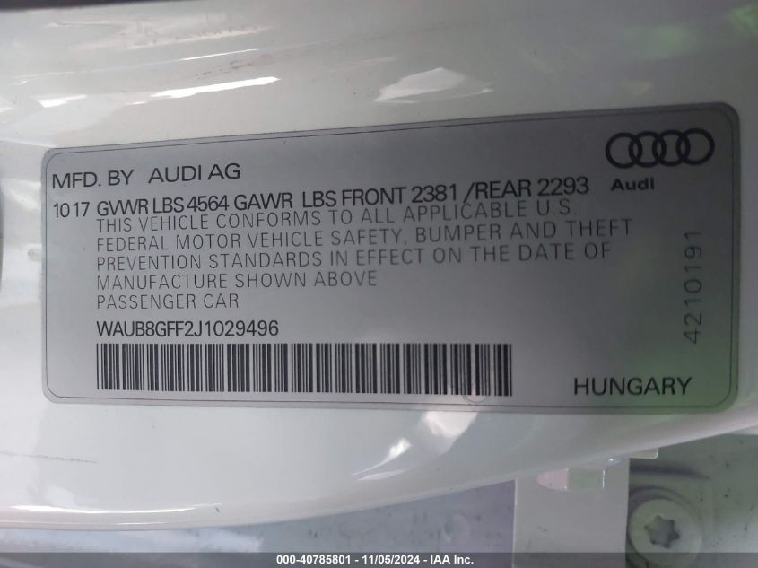 2018 Audi A3 2.0T Premium/2.0T Tech Premium VIN: WAUB8GFF2J1029496 Lot: 40785801