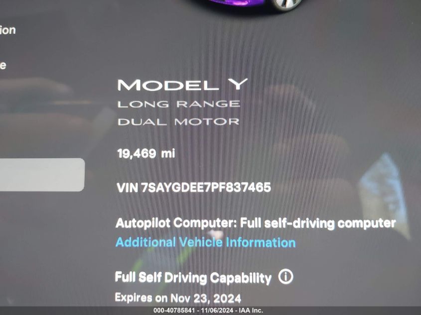 2023 Tesla Model Y Awd/Long Range Dual Motor All-Wheel Drive VIN: 7SAYGDEE7PF837465 Lot: 40785841