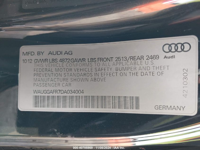 2013 Audi S5 3.0T Premium Plus VIN: WAUGGAFR7DA034004 Lot: 40785869