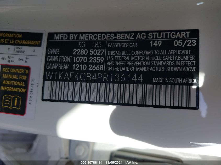 2023 Mercedes-Benz C 300 Sedan VIN: W1KAF4GB4PR136144 Lot: 40786194