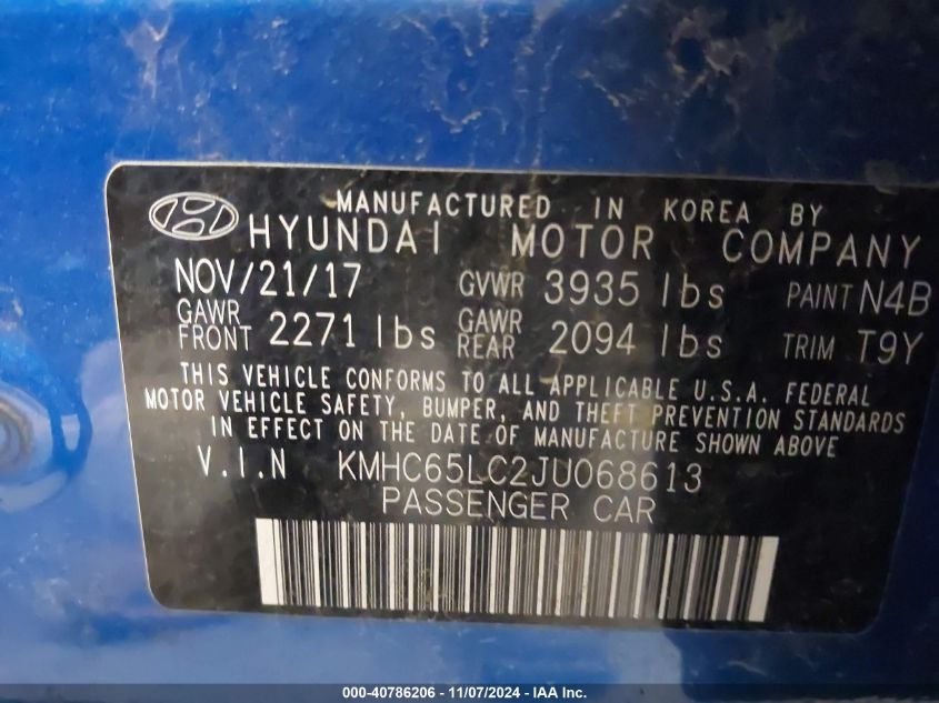 2018 Hyundai Ioniq Hybrid Blue VIN: KMHC65LC2JU068613 Lot: 40786206