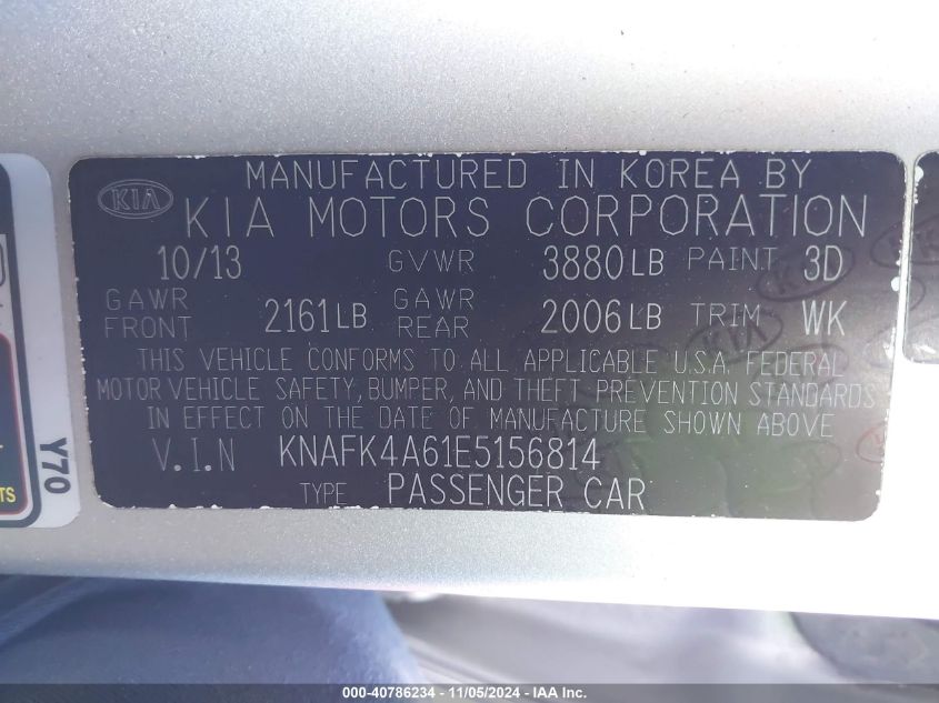 2014 Kia Forte Lx VIN: KNAFK4A61E5156814 Lot: 40786234